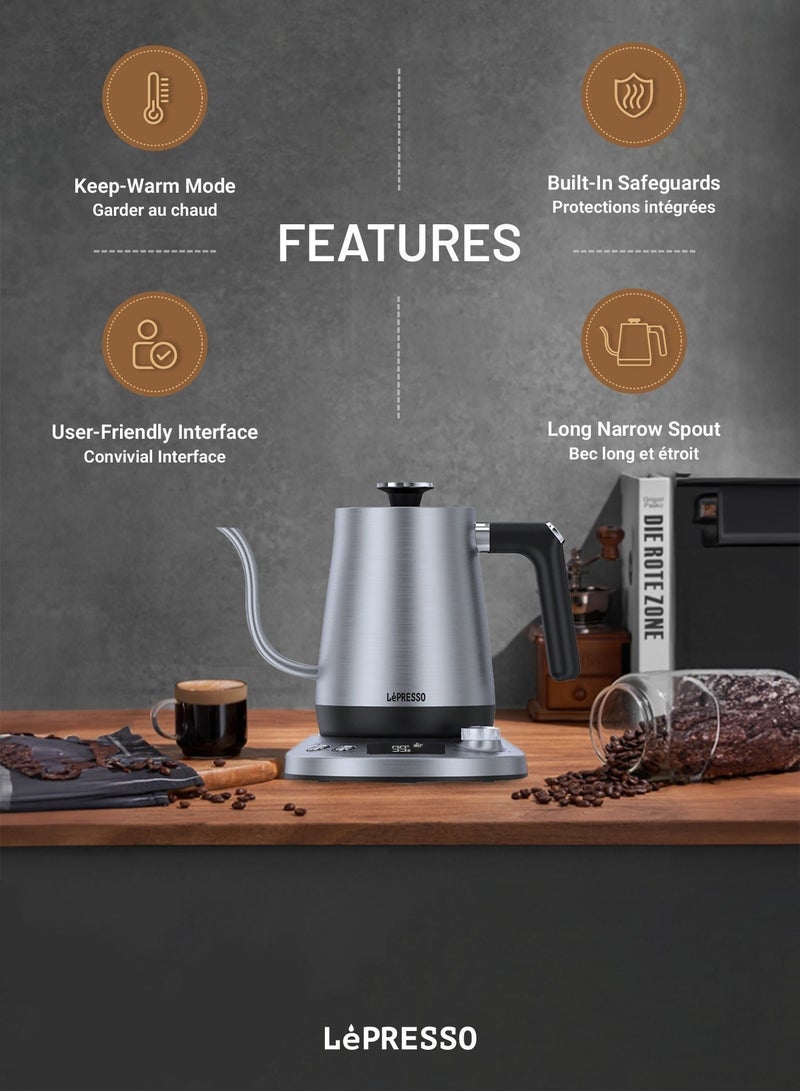 LePRESSO 800ml Pour-Over Electric Kettle 850W Rated Power with Temperature Control & Keep Warm Mode, Long Narrow Spout, Built-in Safeguard, Stainless Steel Material - Grey - Image 3
